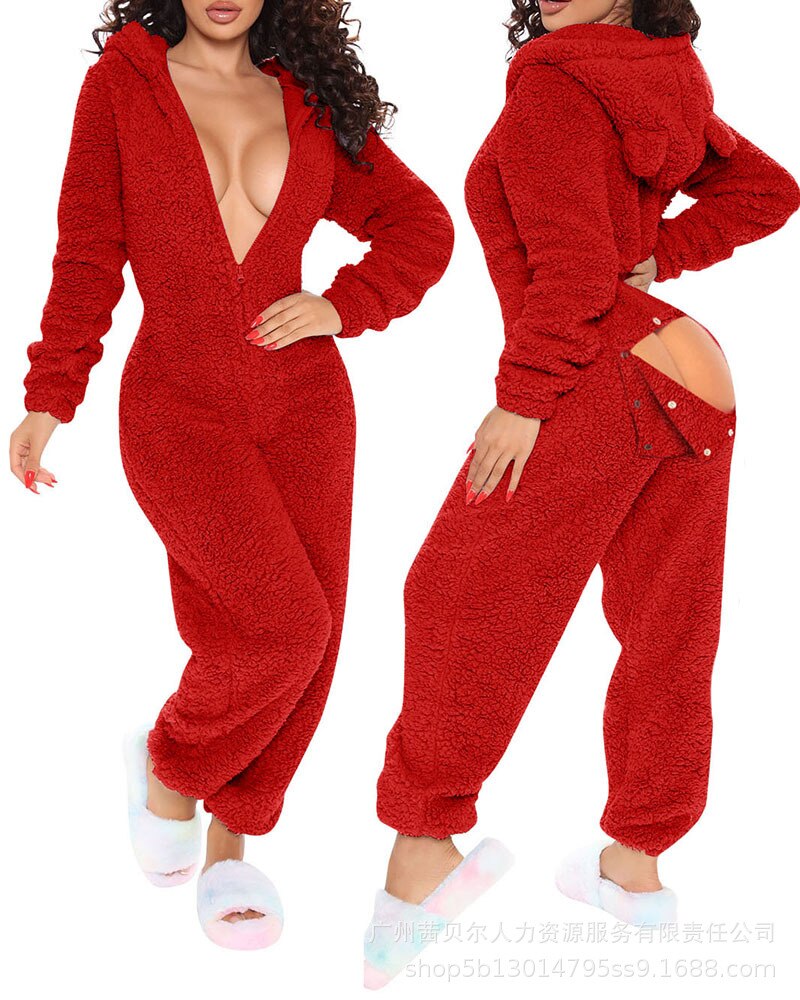 Ladies comfy fleece butt flap Christmas pyjama one piece jumpsuit butt –  GoSobiShop Boutique