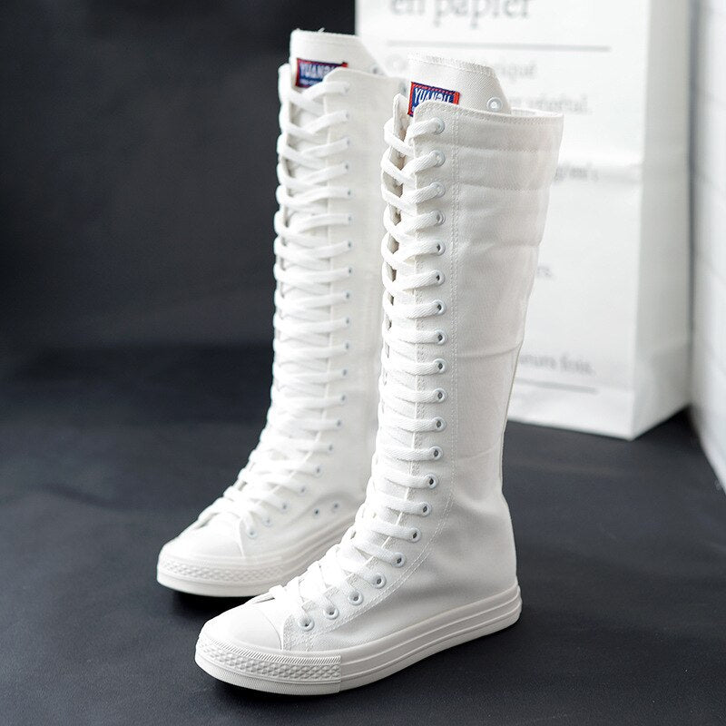 New 2023 Spring fashion ladies long canvas lace up long boot lace-up knee high zipper