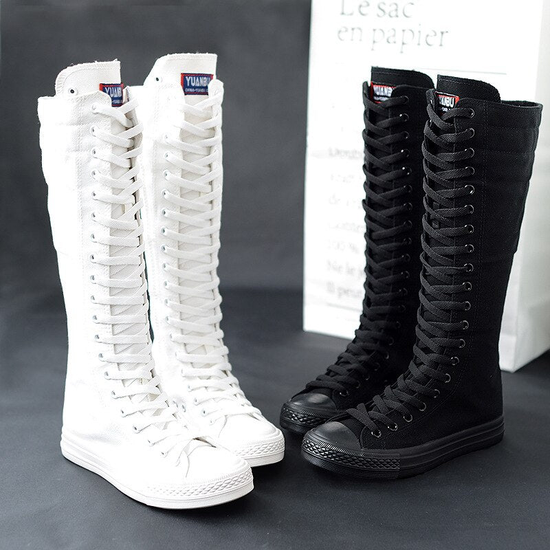 New 2023 Spring fashion ladies long canvas lace up long boot lace-up knee high zipper