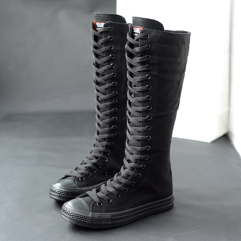 New 2023 Spring fashion ladies long canvas lace up long boot lace-up knee high zipper