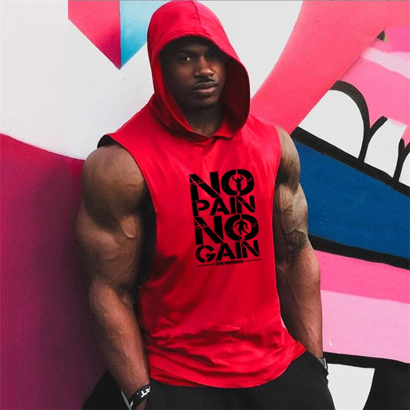 Men gym sweat t-shirt  no pain no gain hoodie sleeveless hoodie workout wear tank top vest