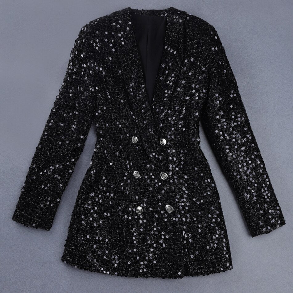 Ladies high quality fashion designer long blazer glitter double buttons black blazer