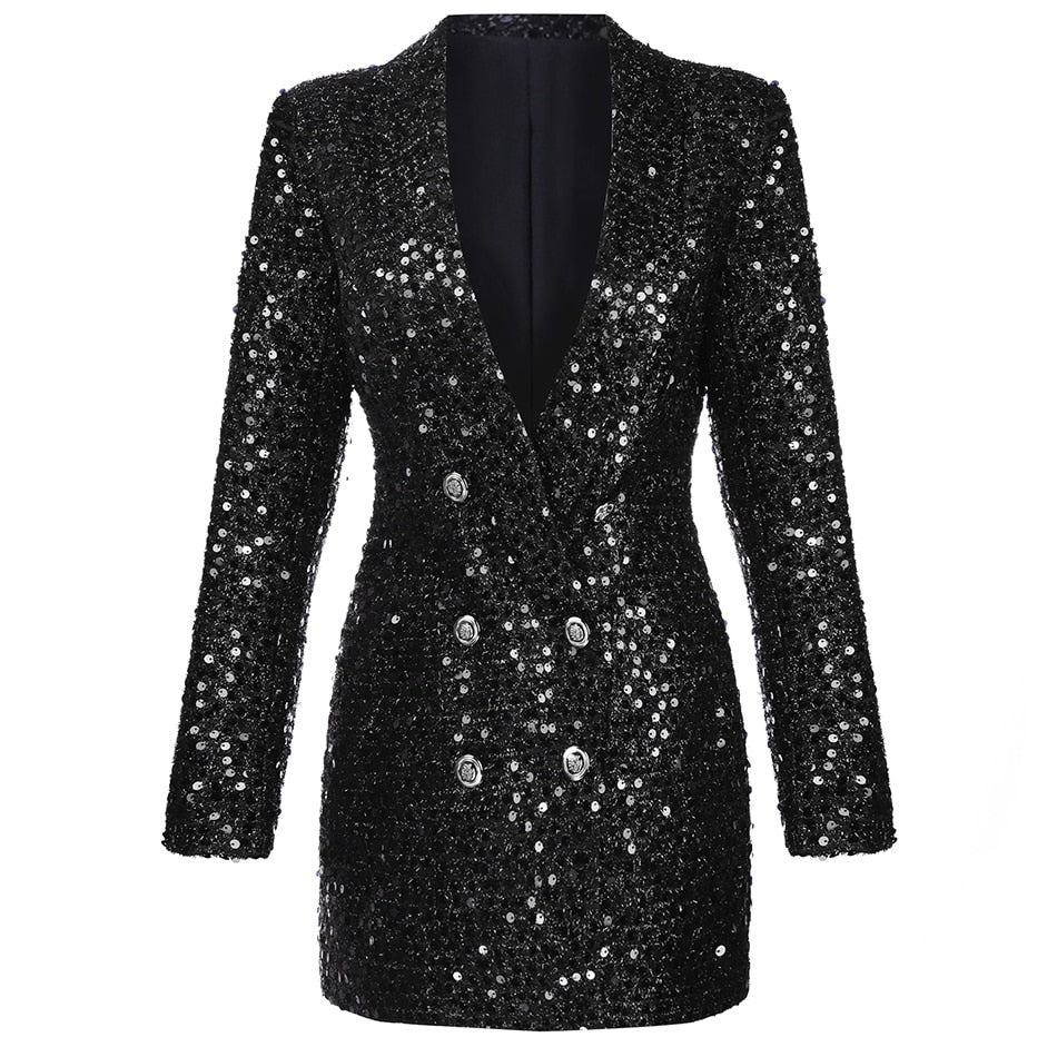 Ladies high quality fashion designer long blazer glitter double buttons black blazer