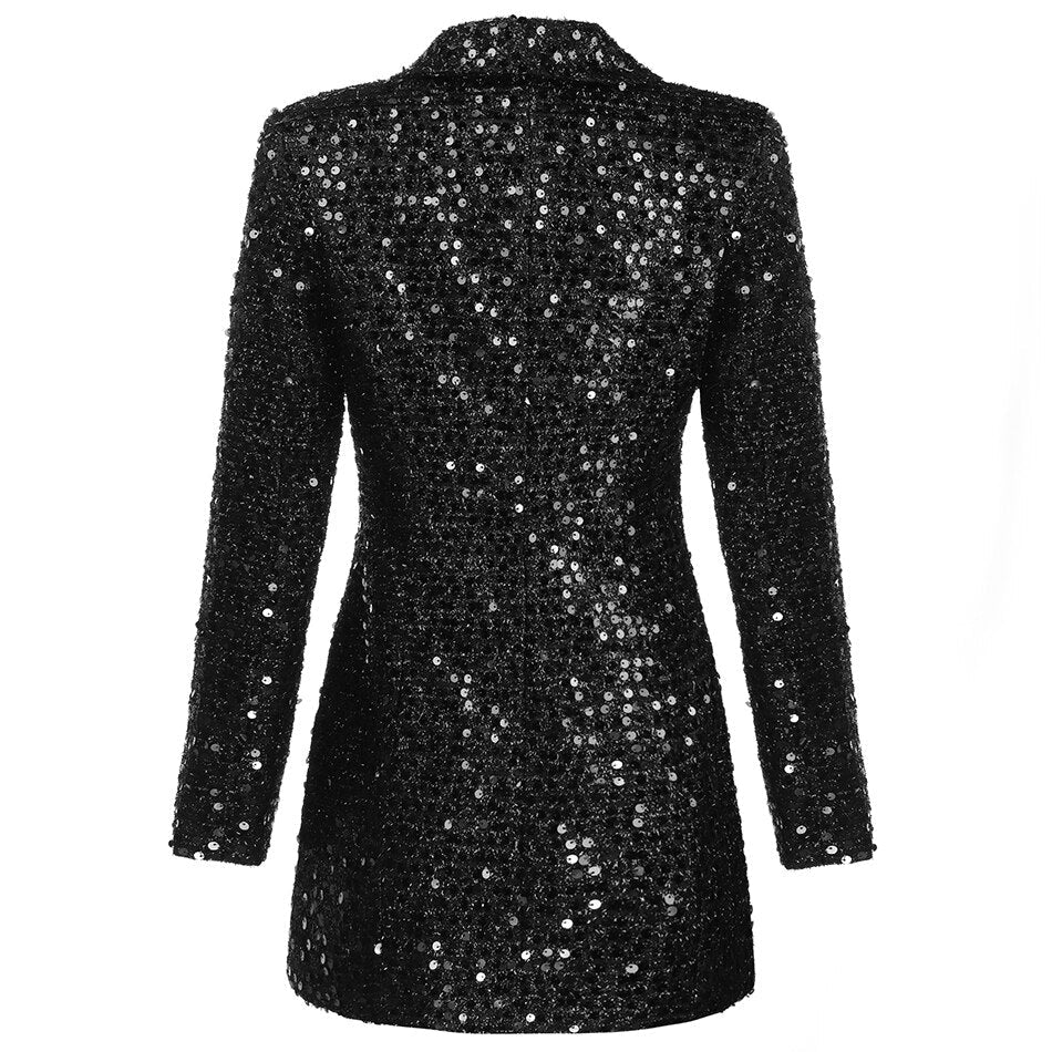 Ladies high quality fashion designer long blazer glitter double buttons black blazer