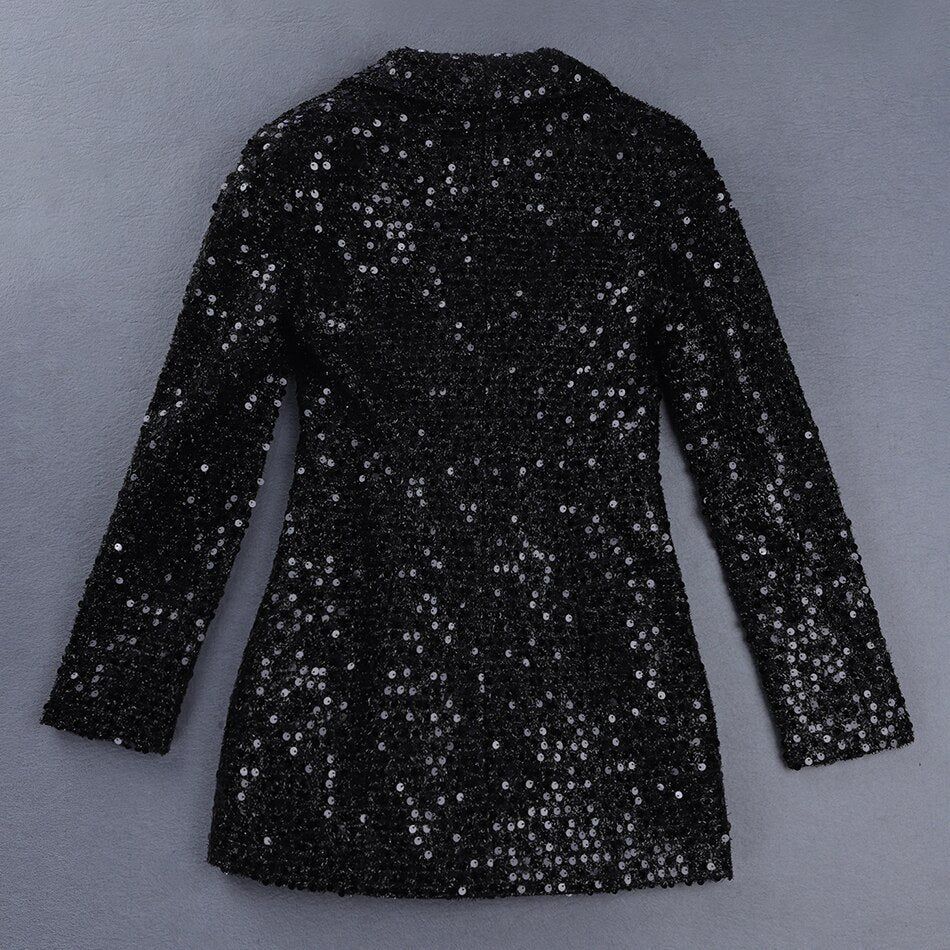 Ladies high quality fashion designer long blazer glitter double buttons black blazer