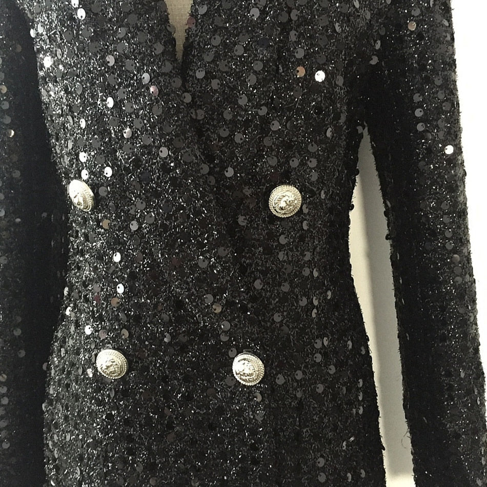 Ladies high quality fashion designer long blazer glitter double buttons black blazer