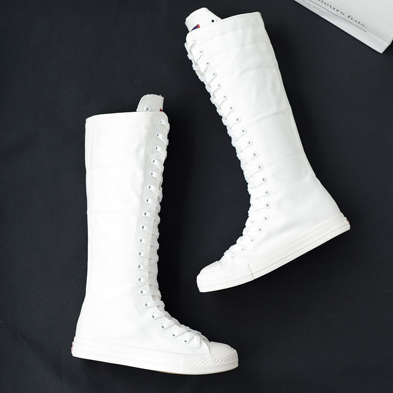 New 2023 Spring fashion ladies long canvas lace up long boot lace-up knee high zipper