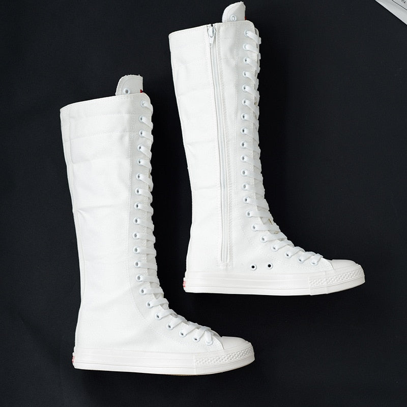 New 2023 Spring fashion ladies long canvas lace up long boot lace-up knee high zipper