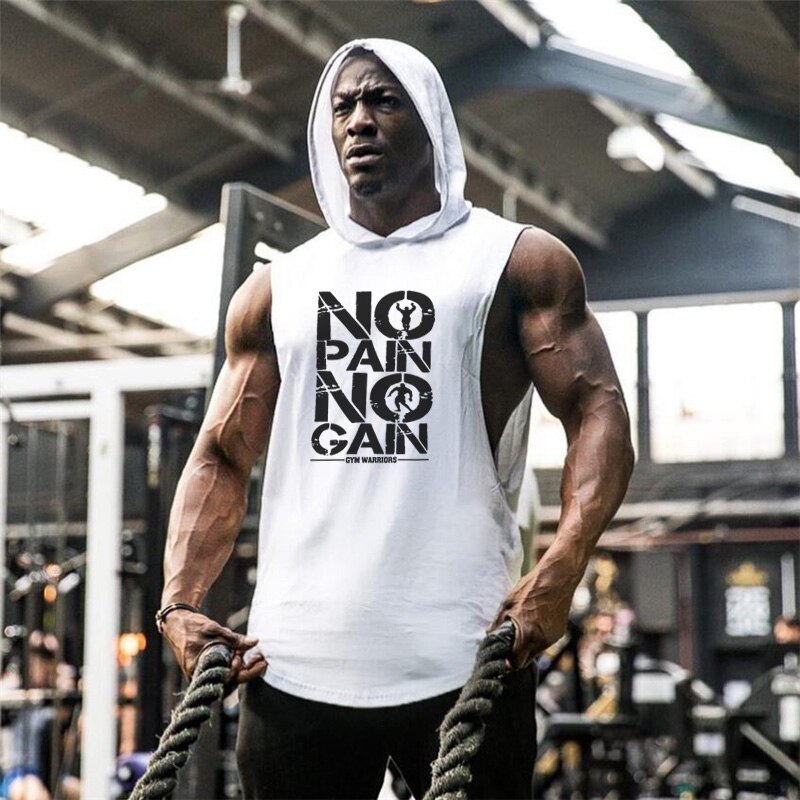 Men gym sweat t-shirt  no pain no gain hoodie sleeveless hoodie workout wear tank top vest