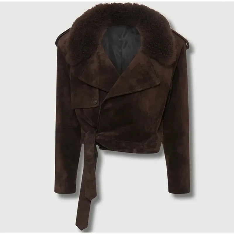 Faux fur coat chocolate brown suede jacket