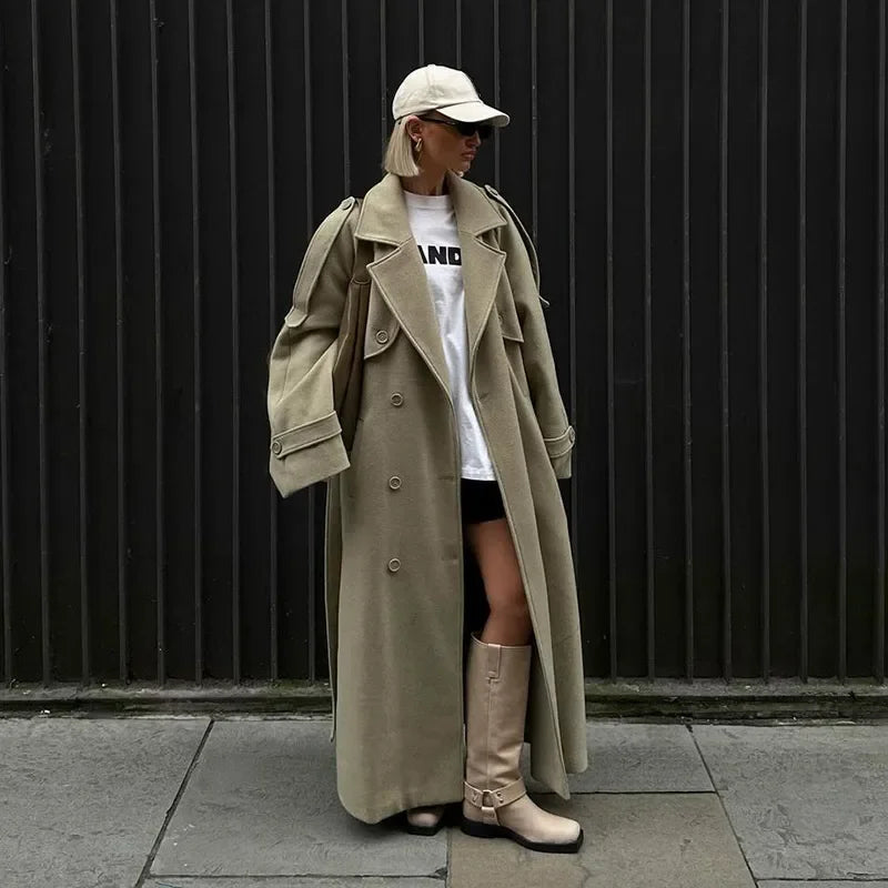 City fashion belted oversized loose wool trench coat