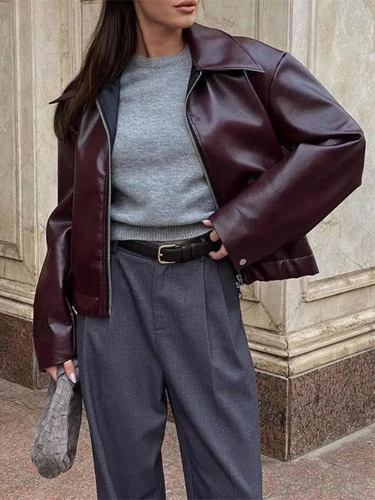 Chic wine red leather jacket for the ladies