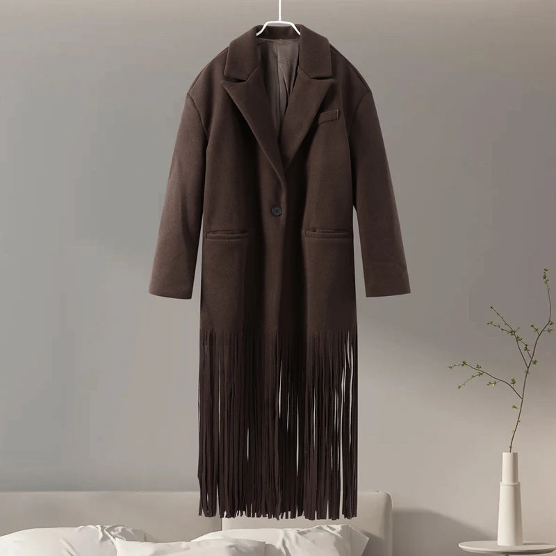 Fringed trench coat long sleeve peacoat