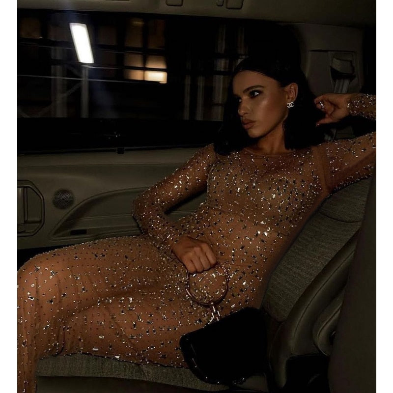 ladies  Glitter sequined Maxi Dress Mesh See-Through Split Fashion Long Sleeve cover up sequin dress