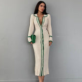 Ladies V-neck button front rib-knit cardigan long dress solid ribbed knit open front dress