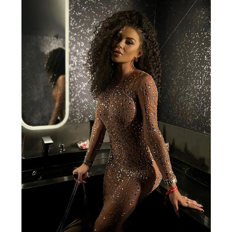 ladies  Glitter sequined Maxi Dress Mesh See-Through Split Fashion Long Sleeve cover up sequin dress