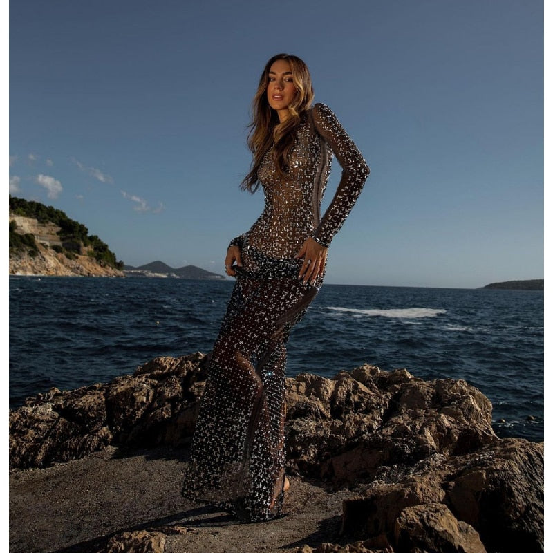 ladies  Glitter sequined Maxi Dress Mesh See-Through Split Fashion Long Sleeve cover up sequin dress