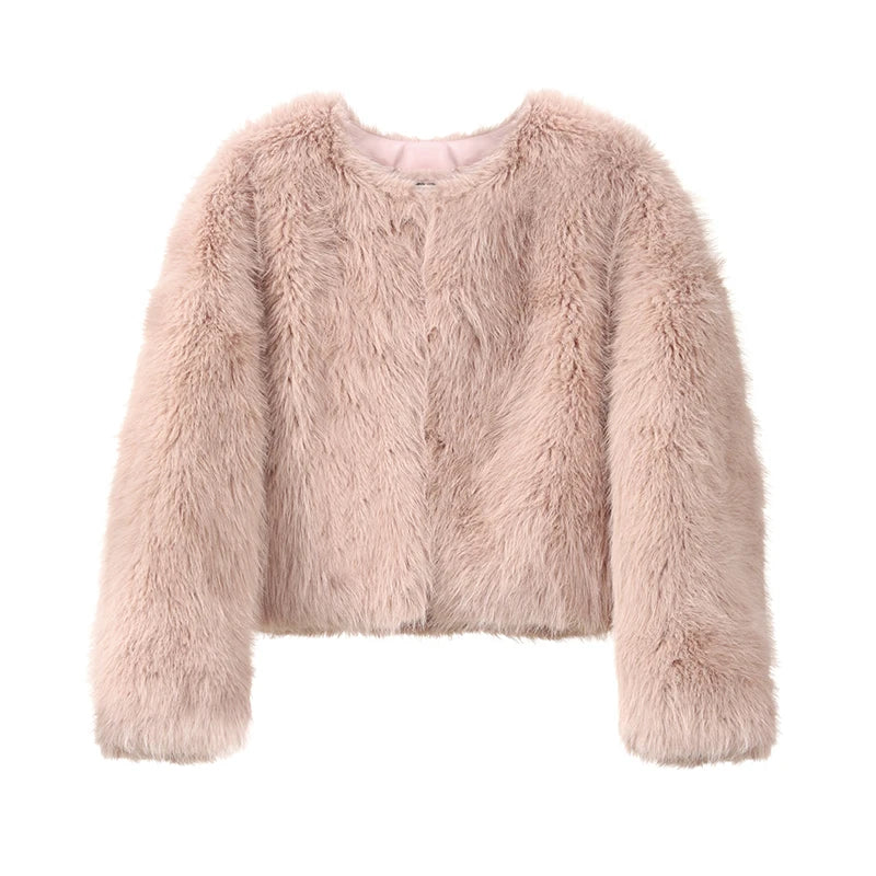 Chic fluffy faux fur coat v-neck collar coat