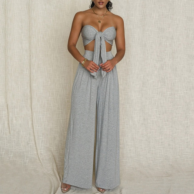 Stylish bandage crop top and vintage wide trousers