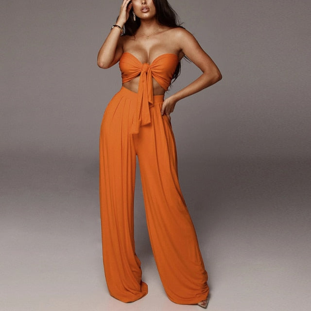 Stylish bandage crop top and vintage wide trousers