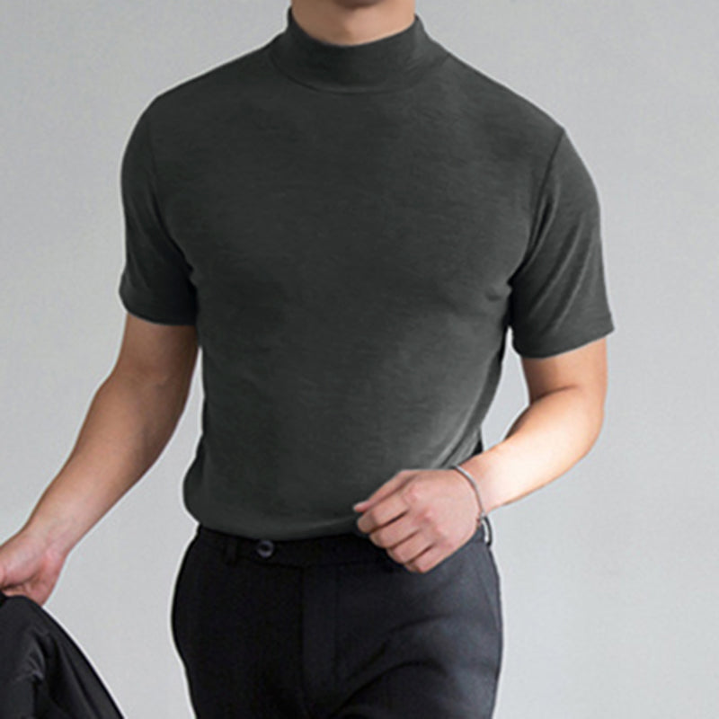 T-shirt chic à col montant pour hommes, chemise à manches courtes et col roulé, coupe cintrée