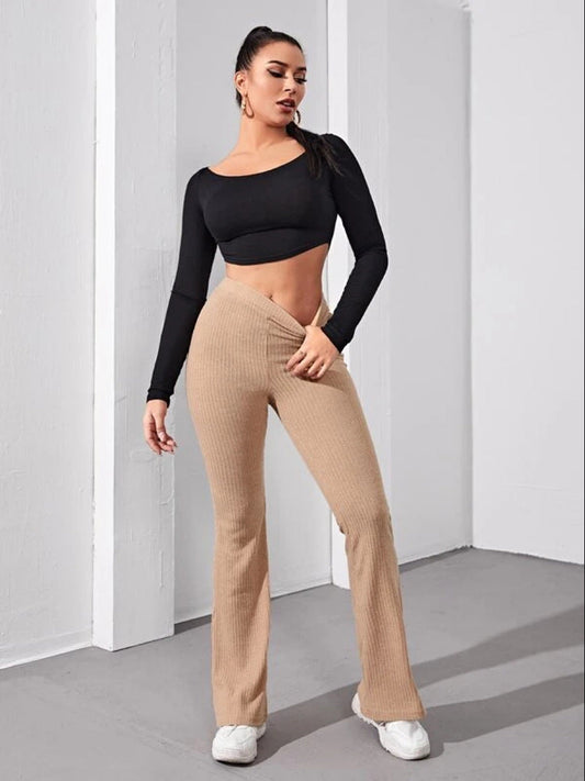 Pantalon tricoté à jambe évasée pour femme, leggings à bas de cloche