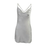 Ladies sexy silk backless pearl strap party dress